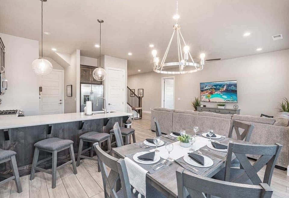Kitchen and dining area with seating for 10