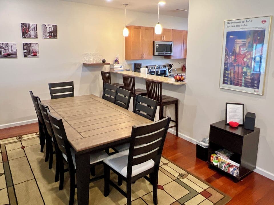 Dining area on main floor seats 11 including 8 around dining table.