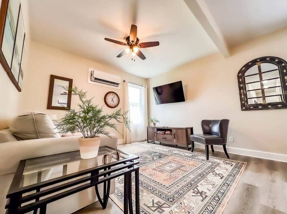 This spacious space has a sleeper queen couch