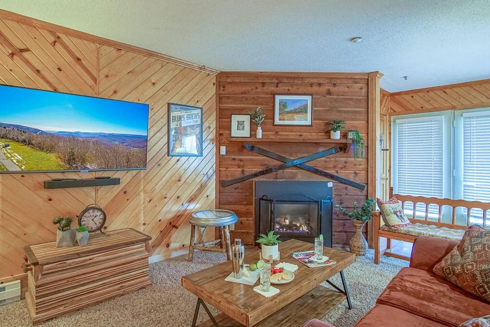 The living room has a gas fireplace.